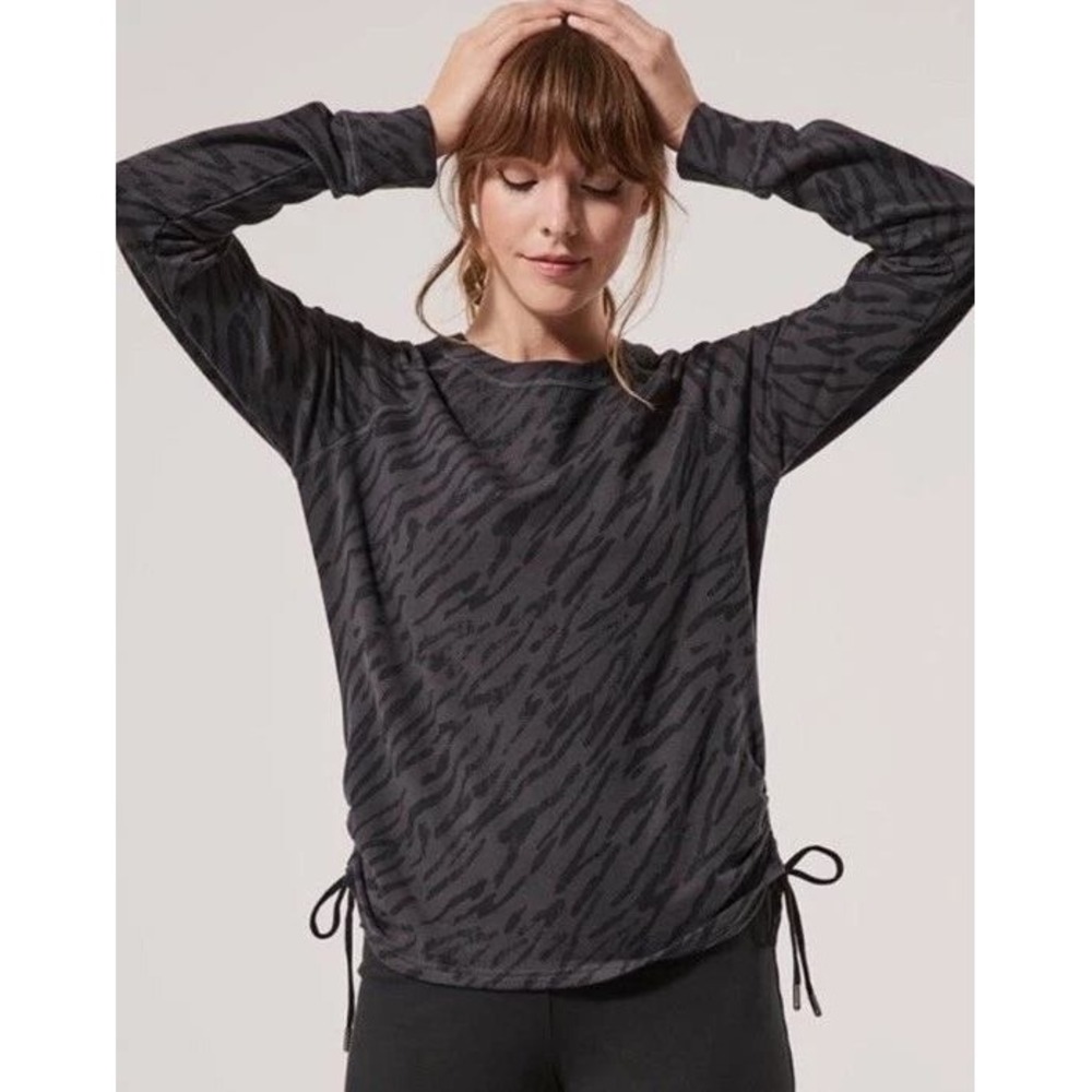 Pact Zebra Print Sweatshirt Womens S Gray Ruched Side Cinch Organic Cotton Top